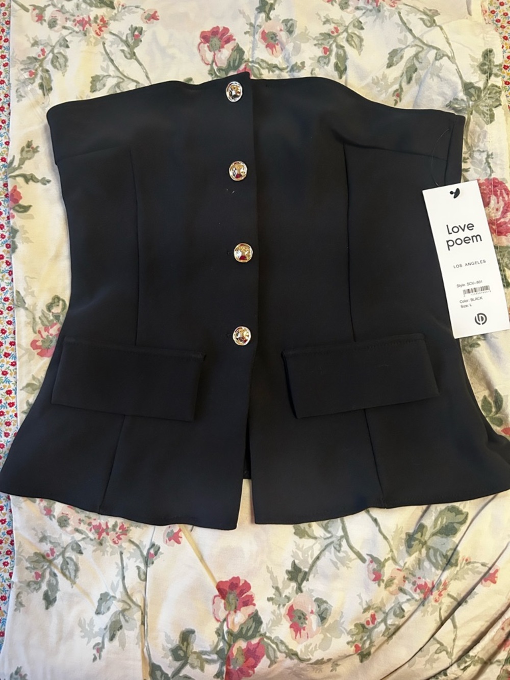 Love Poem Black Strapless Button-Front Peplum Top